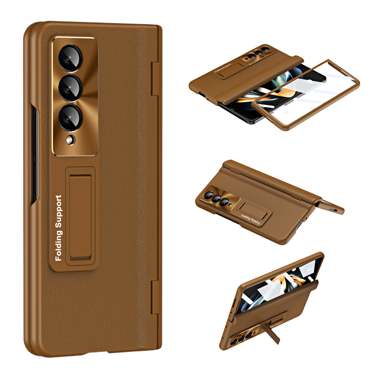 For Samsung Galaxy Z Fold3 5G Leather Coated PC Phone Case Hinge Protection Kickstand Cover with Tempered Glass Film For Samsung Galaxy Z Fold3 5G Leather Coated PC Phone Case Hinge Protection Kickstand Cover with Tempered Glass Film